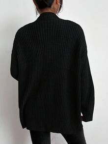 SHEIN Solid Dual Pockets Ribbed Knit Cardigan,Long Sleeve Tops Fall Winter Cloth For Women - Black - View 2