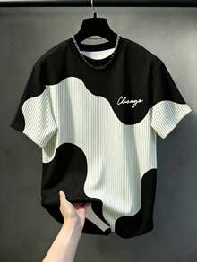 SHEIN Teen Boys Spring/Summer Wavy Colorblock Striped Letter Print Crew Neck Short Sleeve T-Shirt - Multicolor - View 3