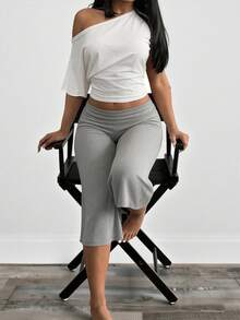 BamGleam Hot Girl Style White Asymmetrical Shoulder Short T-Shirt + White Wide Leg Capri Pants Set, Casual Style Two Pieces Set Lounge Summer - Multicolor - View 1