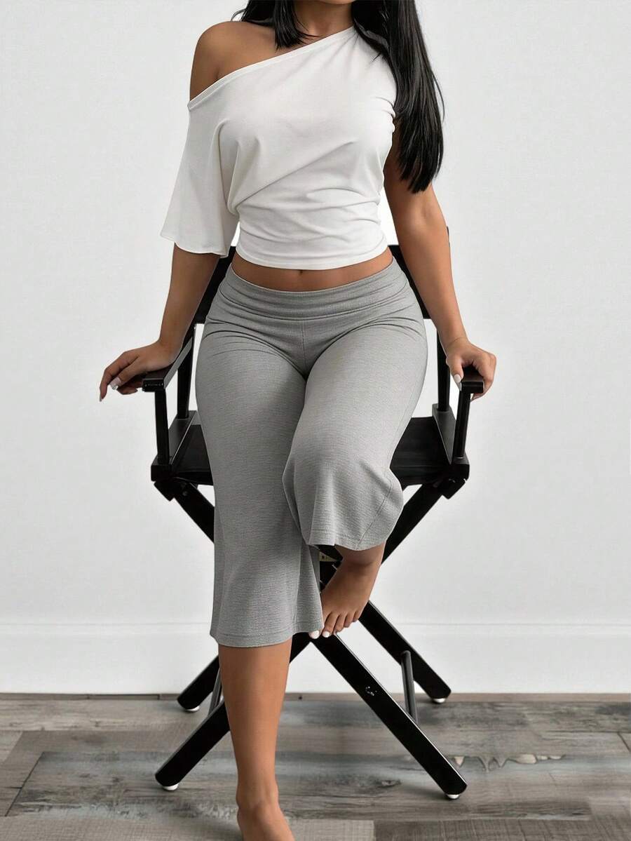BamGleam Hot Girl Style White Asymmetrical Shoulder Short T-Shirt + White Wide Leg Capri Pants Set, Casual Style Two Pieces Set Lounge Summer - Multicolor - View 1