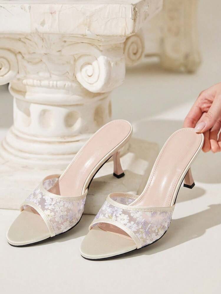 CUCCOO CHICEST Women's Shoes Stiletto Round Toe Embroidered Mesh High Heels Apricot Satin High Heels Sandals Fashion Elegant Slingbacks Dating Afternoon Tea Party - Apricot - View 4