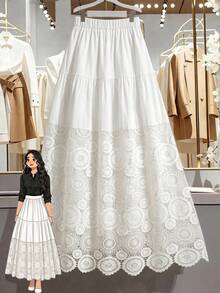 GlowEve CURVE Plus Size Minimalist Elegant Lace Patchwork Midi A-Line Skirt Tea Party Vacation White Autumn Fall Summer Beach Dress Festival Party Country - White - View 3