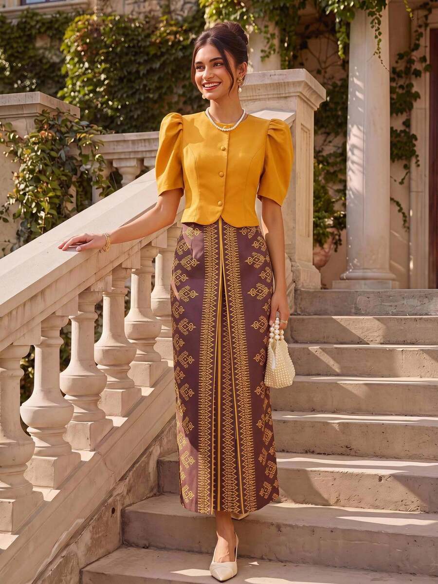 Zaforene Vintage Palace Style Puff Sleeve Short Jacket + Print Slit Long Skirt 2-Piece Set French Luxury Elegant Outfit Dinner Party Golden Yellow Brown Summer - Multicolor - View 1