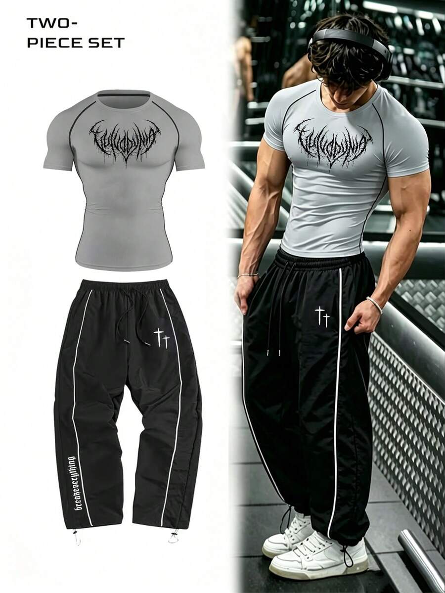 Gym Rark Conjunto deportivo de hombre con top de manga corta y pantalones largos con estampado gótico - Gris - Ver 1