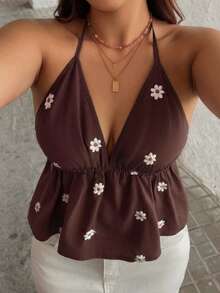 Dazy Plus Summer Vacation Style Floral Embroidered All-Over Print Spaghetti Strap Camisole Minimalist Sexy Casual Early Autumn Tank Top Going Out Tops - Brown - View 6