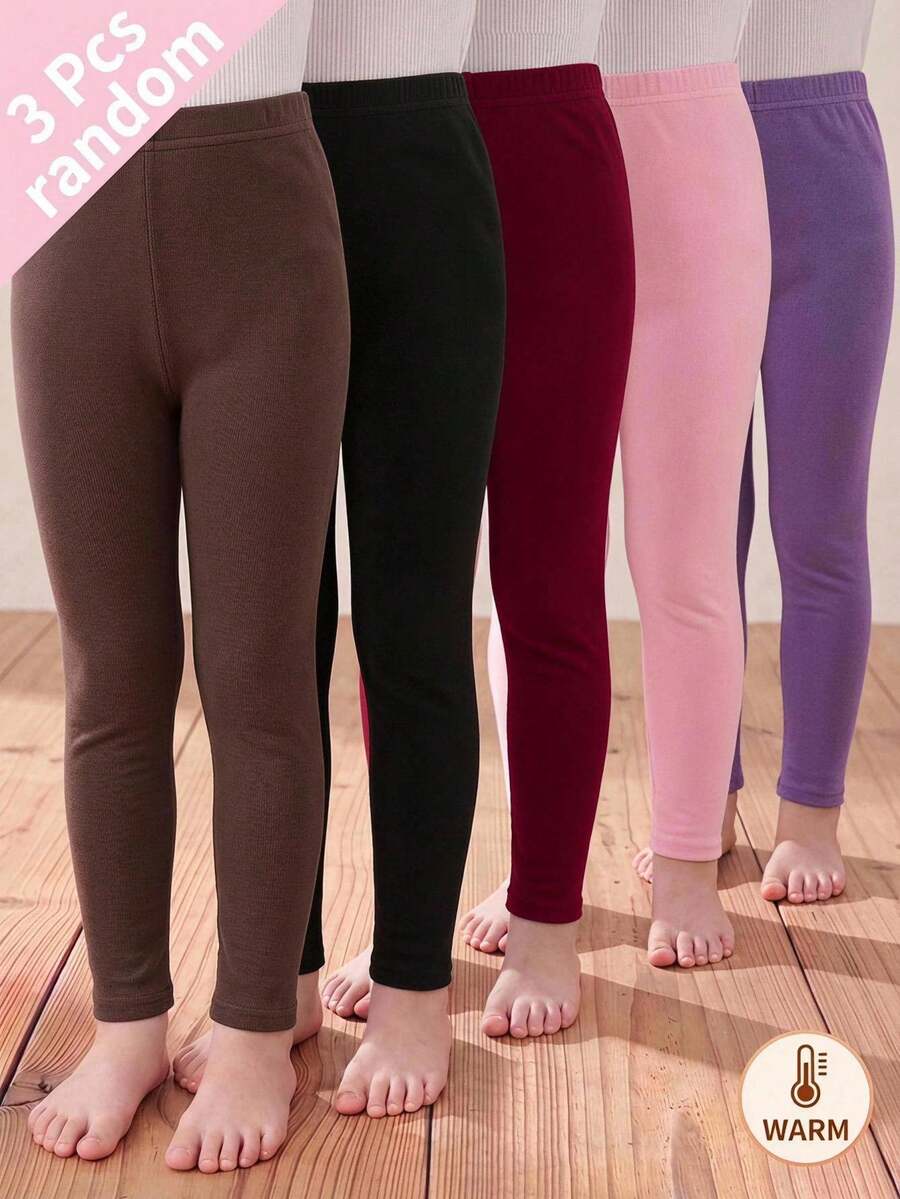 SHEIN 3pcs/Set Young Girls Thickened Leggings For Autumn/Winter Winter Versatile Comfy Soft Outing Casual Stretch Cute Spring Summer Outing Black Red - Multicolor - View 1