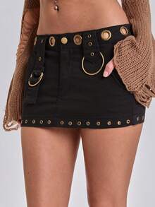 ACID BLVD Summer Y2K Grunge Metal Eyelet Design Straight Mini Denim Skirt - Black - View 8