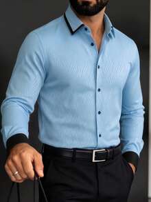 Manfinity Mode Men's Light Blue Long Sleeve Shirt,Smart Casual Button Down Shirt For Autumn,Office,Teachers' Day,Business Formal Work Party Wedding Ceremony Shirt - Baby Blue - View 3