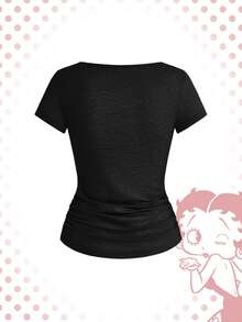 Betty Boop | ROMWE Spring/Summer Y2K Hot Girl Collaboration Vintage Distressed Print Fitted Ruched T-Shirt - Black - View 2