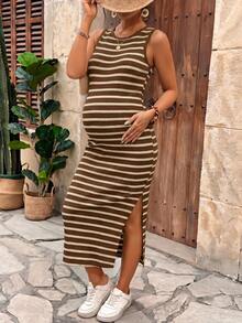 SHEIN Maternity Striped Split Design Casual Everyday Summer Dress Photoshoot - Coffee - View 2