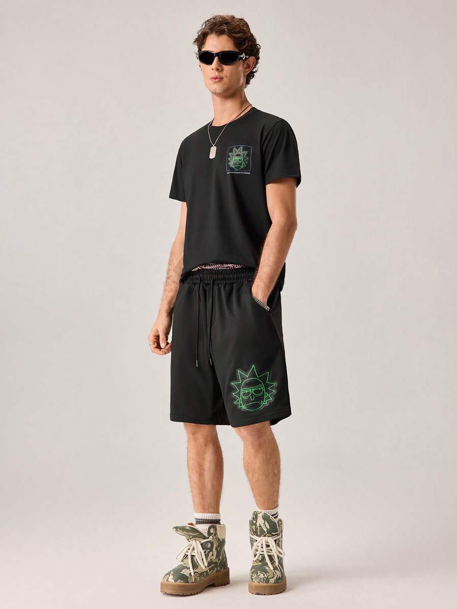 Strevion Men's Summer Fashion Rick And Morty Graphic Print Letter Print Sports Short Sleeve T-Shirt And Shorts 2pcs Casual Daily Set - Black - View 1