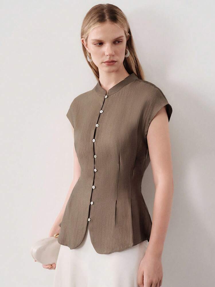 Aveloria Modichic Commuter Versatile Glossy Sleeveless Stand Collar Single-Breasted Waist-Cinching Flared Hem Slim Fit Elegant Solid Color Blouse - Coffee Brown - View 7