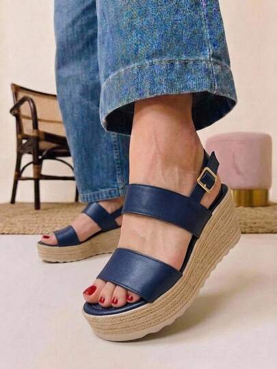 Elegantes sandalias de cuña azul marino para mujer con plataforma de alpargata y correa ajustable en el tobillo para comodidad en el verano, Plataformas veraniegas para vacacionar
