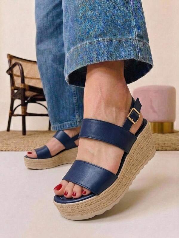 Elegantes sandalias de cuña azul marino para mujer con plataforma de alpargata y correa ajustable en el tobillo para comodidad en el verano, Plataformas veraniegas para vacacionar