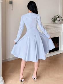 Feyla Women's Solid Color Long Sleeve Pleated Hem Elegant Dress - Blue - View 3