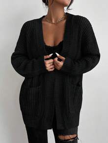 SHEIN Solid Dual Pockets Ribbed Knit Cardigan,Long Sleeve Tops Fall Winter Cloth For Women - Black - View 4