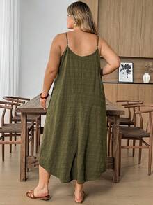 SHEIN CURVE+ Vestido casual suelto con tirantes finos y espalda descubierta con estampado de árbol, adecuado para vacaciones y playa en tallas grandes - Verde - Ver 3