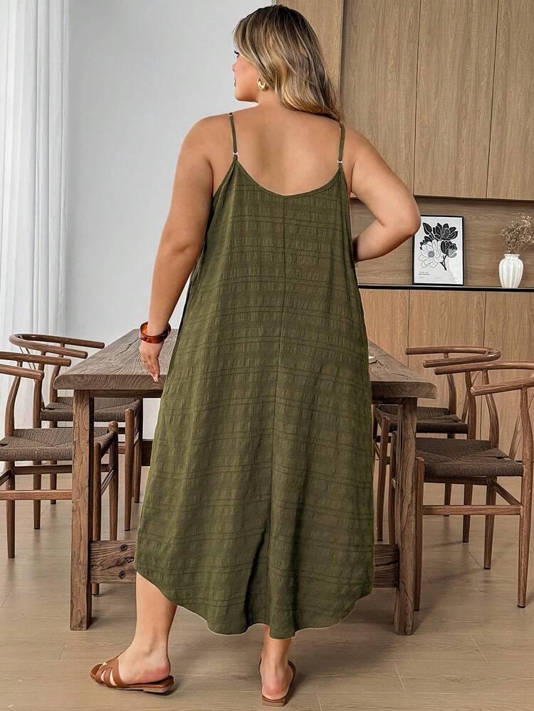 SHEIN CURVE+ Plus Size Tree Pattern Spaghetti Strap Backless Loose Casual Dress, Suitable For Vacation And Beach - Green - View 2