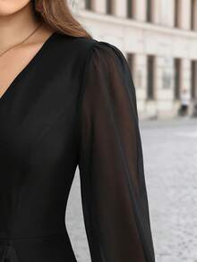 Velvienne Black Deep V-Neck Chiffon Puff Sleeve Ruffle Short Dress, High Waist Ultra Short A-Line Mini Dress, Asymmetrical Multi-Layer Ruffle Structure: Side Waist 3D Stacked Large Wave Pleats, Asymmetrical Staggered Ruffle Hem, Layered Lace Dynamic And Flowing, Enhances Hips And Lengthens Legs Visually. Plus Size Dress - Black - View 4