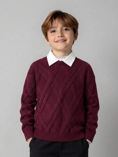 Kids Tweenboy Casual Christmas Green Textured Crew Neck Autumn Sweater, Suitable For Winter, School And Travel