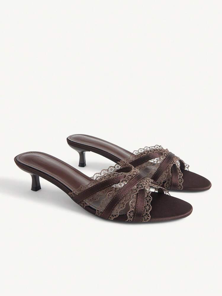 CUCCOO CHICEST Women's New Summer Round Toe Coffee Color Strap Lace Trim High Heel Sandals, Suitable For Daily Commute And Elegant Date - Simulated Silk Coffee 161 # - View 2