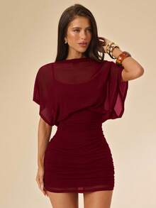 SHEIN BAE Spring/Summer Solid Black Sexy Sheer Ruched T-Shirt Mini Dress, Fitted Bodycon Party Cocktail Evening Nightclub Outfit, Short Sleeve High Neck Draped Design, Women's Spring/Summer Wear - Burgundy - View 6