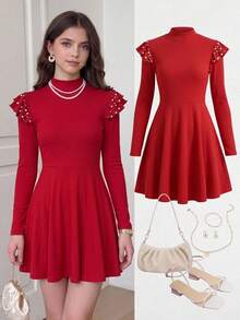 SHEIN Teen Girl Pearls Beaded Mock Neck Dress Without Belt for Christmas - Red - View 3