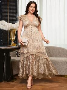 Reflora Plus Size Women's Embroidered Mesh Cap Sleeve Button Design Elegant Dress - Champagne - View 5