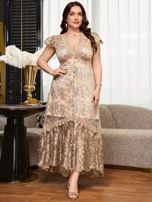 Reflora Plus Size Women's Embroidered Mesh Cap Sleeve Button Design Elegant Dress - Champagne - View 6