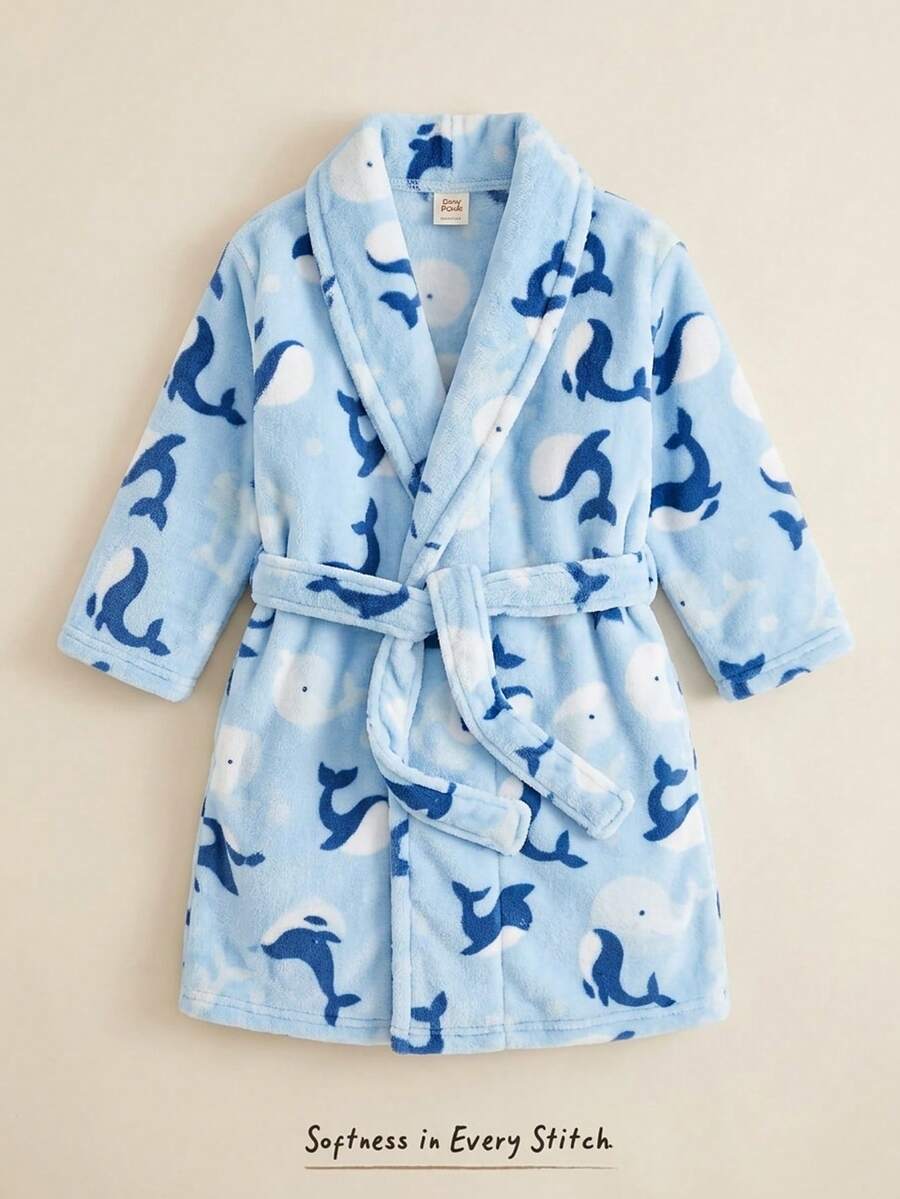 Cozy Pixies Baby Boy Baby Boy Dolphin Whale Pattern Thermal Lined Thick Long Sleeve Tie-Up Lapel Plush Robe Bathrobe Cover-Up, Suitable For Indoor And Outdoor Use In Autumn And Winter - Multicolor - View 1