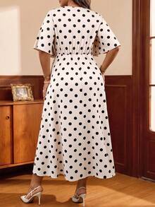 Auvina Plus Size Women's Elegant Daily Wear V-Neck Ruffle Short Sleeve Tie-Waist A-Line Maxi Dress - Multicolor - View 2
