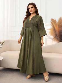 Lacomfia Plus Size Women's Solid Color Pleated Casual Daily Summer Dress - Green - View 3