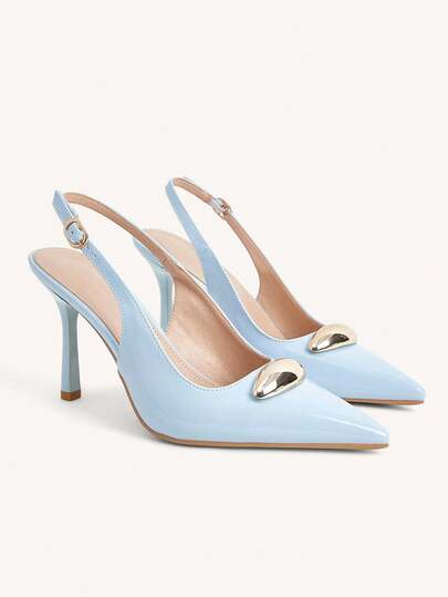 CUCCOO CHICEST Women Shoes Spring And Summer New Light Blue Pointed Metal Buckle Strap Stiletto Sandals, Temperament Commuter Shoes