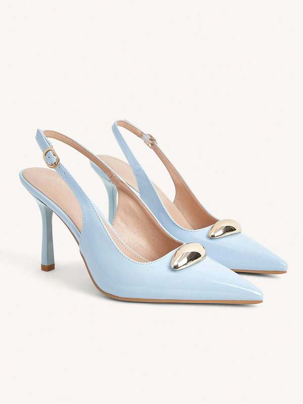 CUCCOO CHICEST Women Shoes Spring And Summer New Light Blue Pointed Metal Buckle Strap Stiletto Sandals, Temperament Commuter Shoes