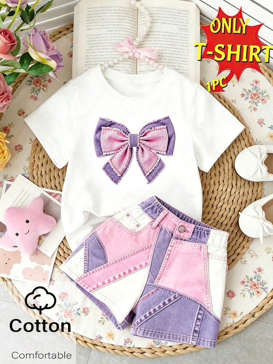 Spring Summer Autumn Girls Toddler Fashion Creative Fresh Minimalist Pink Purple Bow Pattern Print Casual Basic Short T-Shirt Comfortable Daily Wear - White - View 1