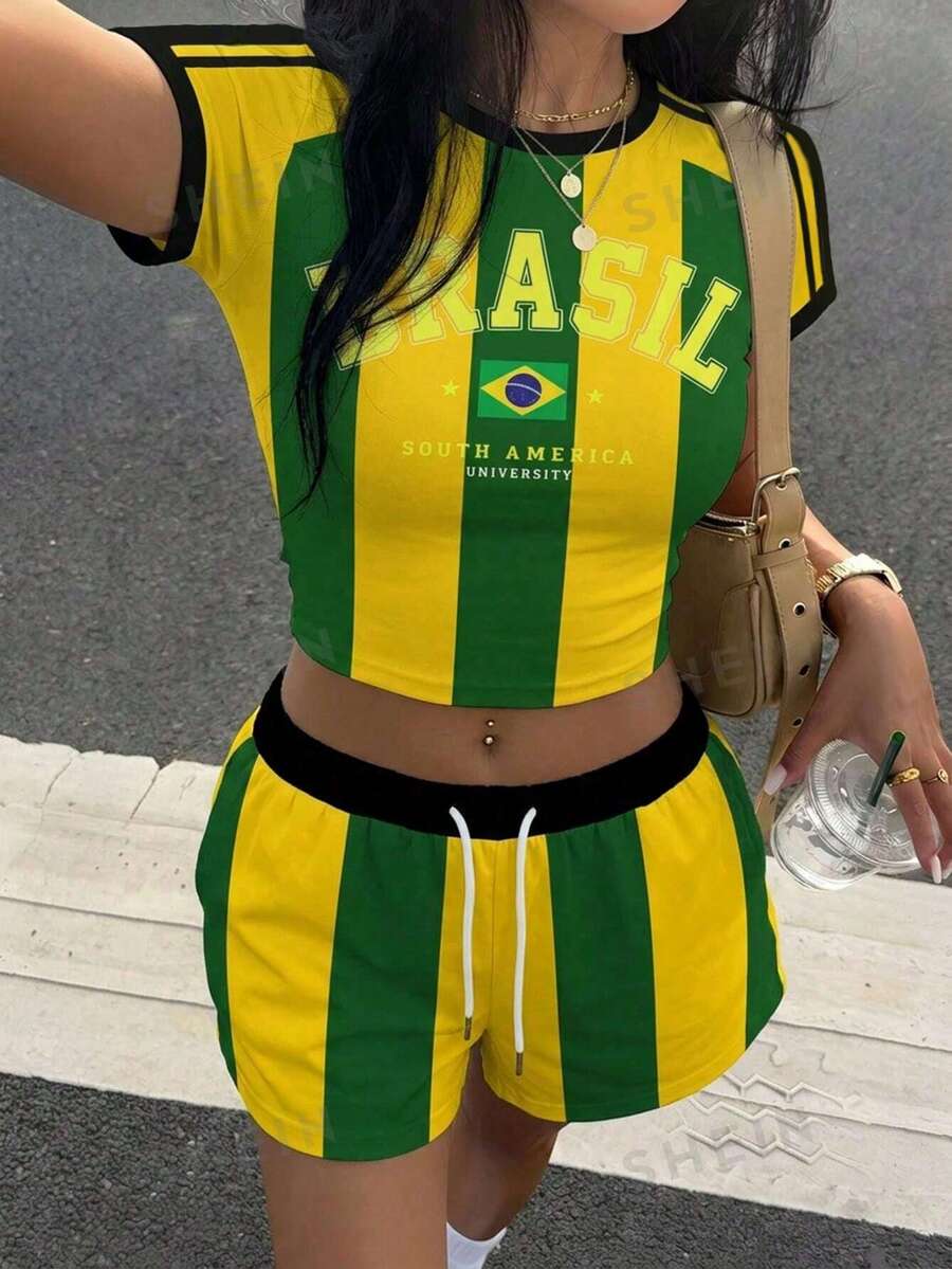 Muchica 世界盃球衣女款休閒街頭運動風蝴蝶結兔子印花寬鬆短款兩件套日常穿著旅行服飾綠黃配色夏季 - 彩色 - 查看 1