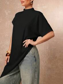 Lumalex Women's Solid Color Asymmetrical Hem Top - Black - View 3
