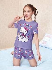 HELLO KITTY AND FRIENDS | SHEIN 2件組可愛休閒風青少年女孩圓領短袖上衣與短褲舒適居家服套裝 - 紫色 - 查看 9
