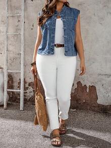 EMERY ROSE EMERY ROSE Chaqueta de Mezclilla sin Mangas Casual para Vacaciones Talla Grande - Azul lavado oscuro - Ver 4