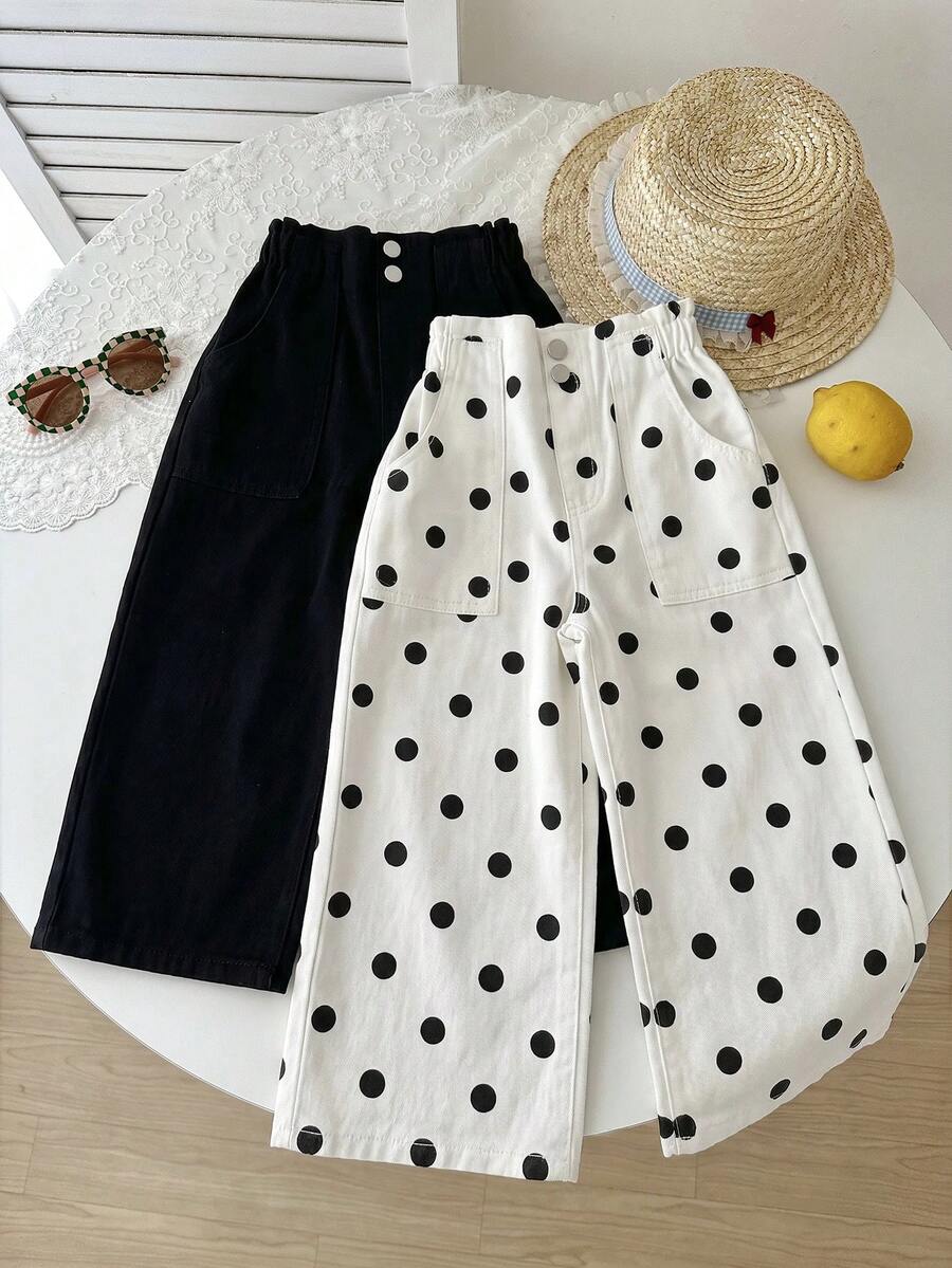 SHEIN LMoss Kids Young Girl 2件組粉色與白色牛仔寬鬆長褲女童款 - 彩色 - 查看 1