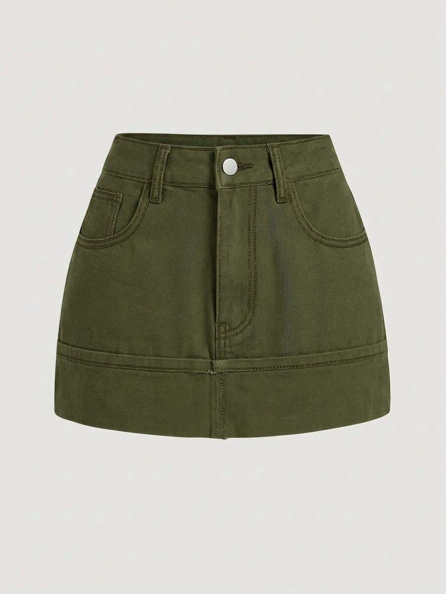 SHEIN MOD Women's Casual Denim Mini Skirt With Pockets And Buttons For Daily Wear - Green - View 1