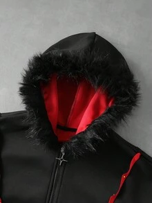 ROMWE MEN Street Life Men's Gradient Vintage Colorblock Patchwork Structured Fur Collar Hooded Sweatshirt - Black - View 2