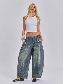 ACID BLVD Colossus Jeans 休閒街頭風復古水洗褪色字母紋理寬鬆牛仔長褲，適合夏季、秋季、冬季 - 深色水洗藍 - 查看 3