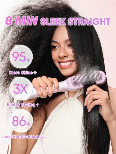 SHEGLAM HAIR Hydra Shot Steam Straightening Brush Pro,Straightener Comb,12 Temps & 3 Steam Levels,8 Min Sleek Straight,Keratin Pro™ Protective Coating,Nourishes Hair,Less Heat Damage & Reduced Breakage,Travel Dual Voltage For Fast Salon Results Curly & Frizzy Hair Gift Pink Makeup Beach Festivals Hair Care Y2K Vacation Summer Hair Accerssories Back To School Home