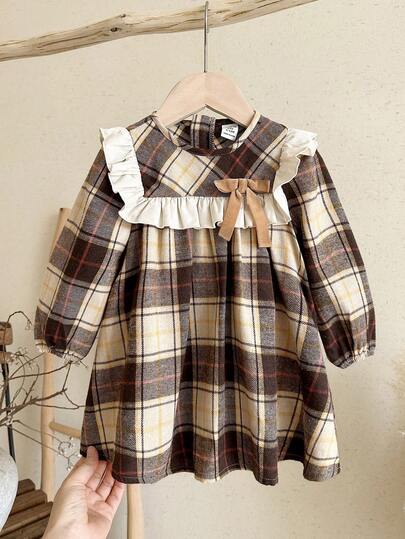 LMoss Kids Baby Girl Woven Plaid Ruffle Trim Casual Dress