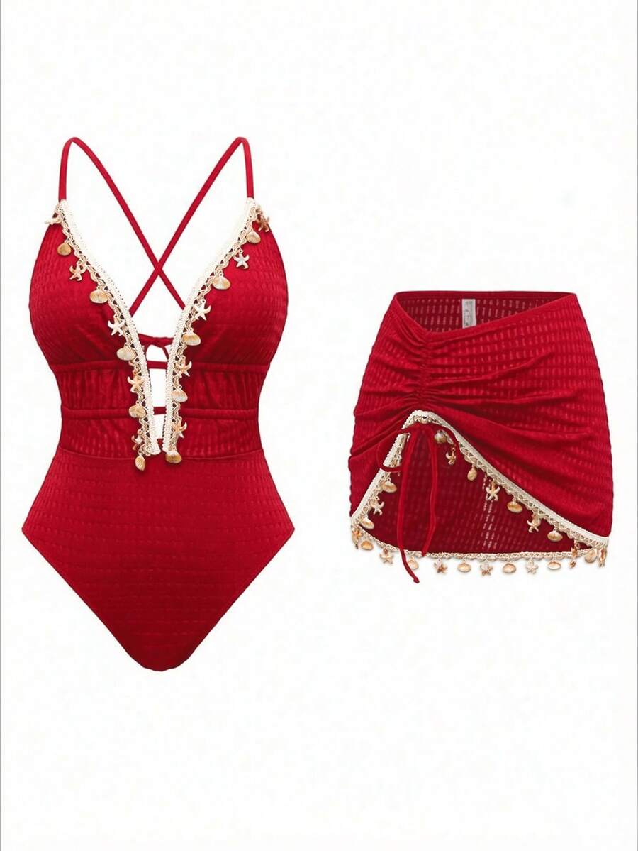 Swim Oasis-D Baju Renang One-Piece Wanita Warna Polos dengan Tali Bahu Tipis dan Hiasan Rantai Kerang di Bagian Depan & Rok - Burgundy - View 1