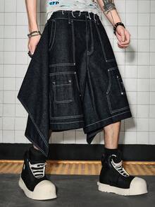 ROMWE MEN Men's Button Letter Pattern Casual Versatile Daily Travel Denim Shorts - Black - View 4