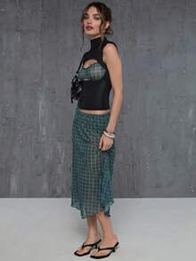 COUREZ Low Rise Mesh Check Midi Skirt/ Y2K Summer Outfits For Women Outfits Skirts Long Skirts Going Out Outfits For Women Rave Club Fall Clothes Flowy Skirt - Coffee Brown - View 2