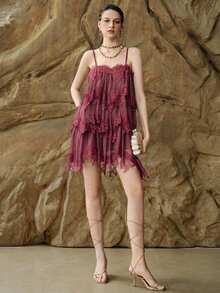 Arave Women's Solid Color Lace Patchwork Multi-Layer Spaghetti Strap Mid-Length Dress - Burgundy - View 7