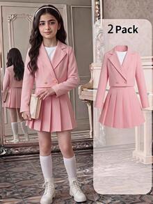 SHEIN Tween Girl Tween Girl Tween Girl Back To School Outfit, Fitted Pink Patchwork Long Sleeve Collared Vintage Preppy Exquisite Jacket Set, Casual Preppy Style - Pink - View 1